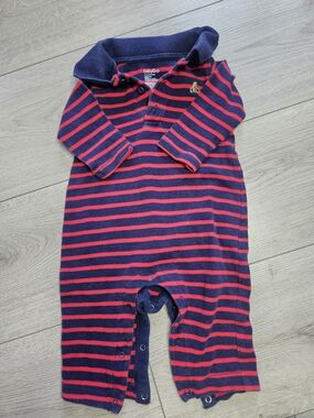 BabyGap Long Sleeve Polo Romper 3-6M Navy Red Striped Bear One-Piece